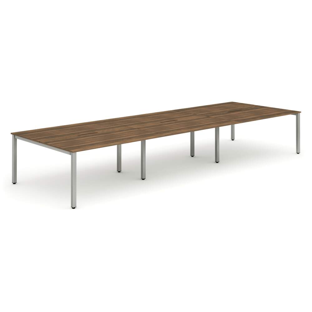 Evolve Plus 1400mm B2B 6 Person Desk Walnut Top Silver Frame