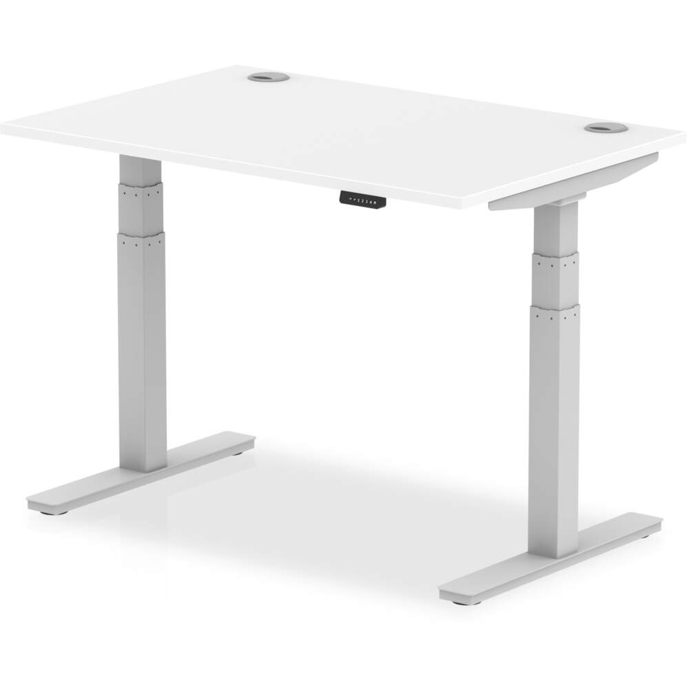 Air 1200 x 800mm Height Adjustable Desk White Top Cable Ports Silver Leg