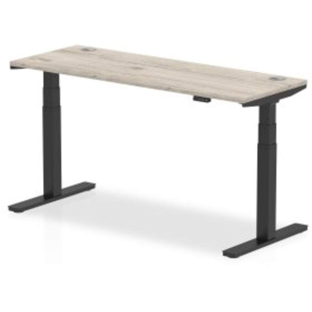 Air 1600 x 600mm Height Adjustable Desk Grey Oak Top Cable Ports Black Leg