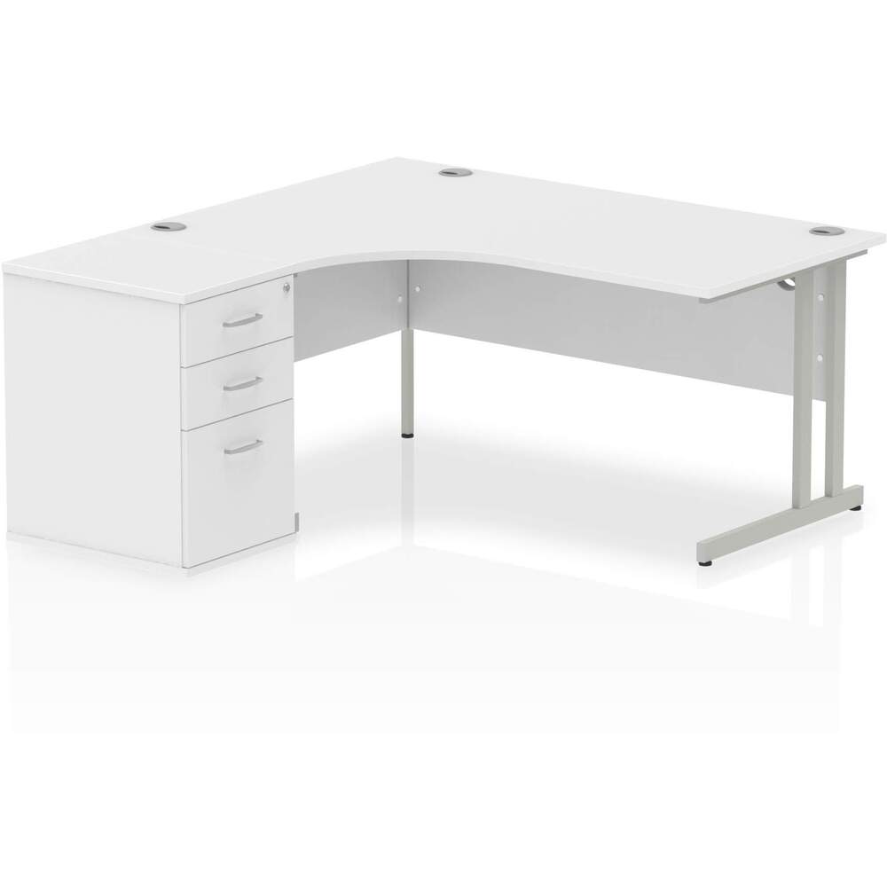 Impulse 1600mm Left Crescent Desk White Top Silver Cantilever Leg Workstation 600 Deep Desk High Pedestal Bundle