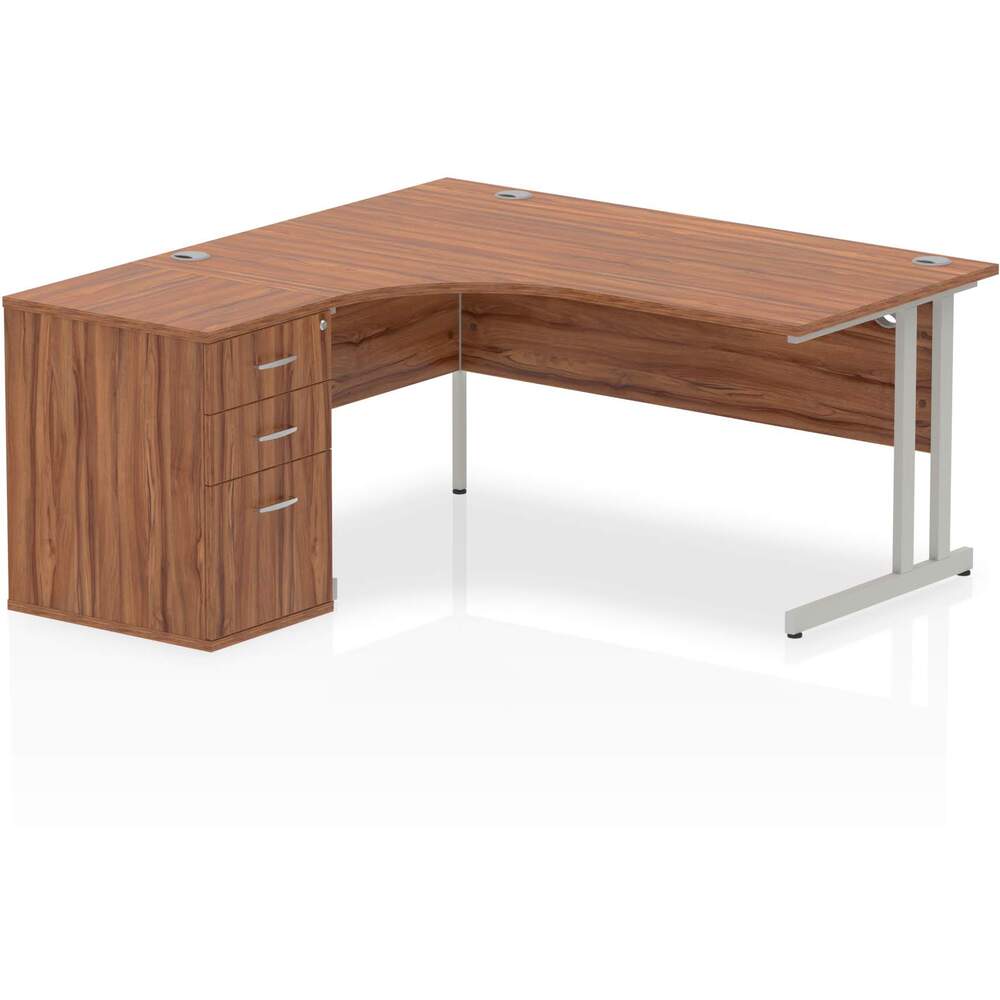 Impulse 1600mm Left Crescent Desk Walnut Top Silver Cantilever Leg Workstation 600 Deep Desk High Pedestal Bundle