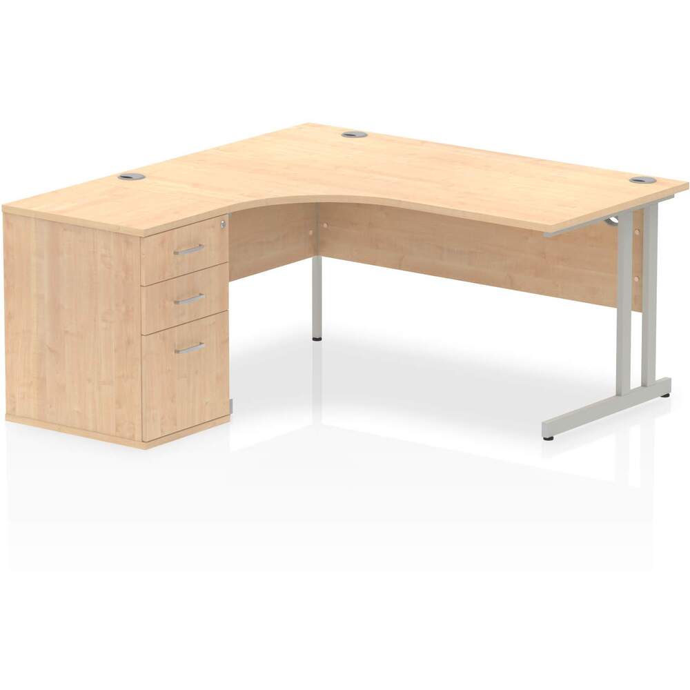 Impulse 1600mm Left Crescent Desk Maple Top Silver Cantilever Leg Workstation 600 Deep Desk High Pedestal Bundle