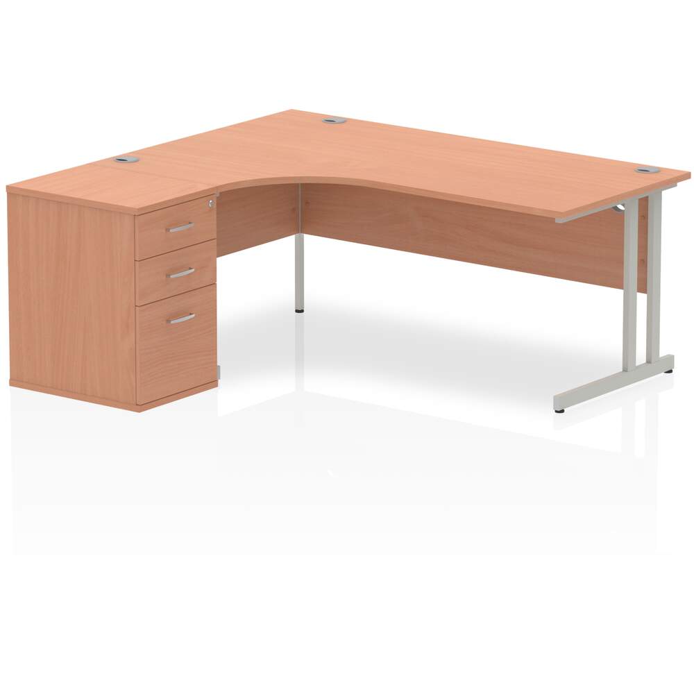 Impulse 1800mm Left Crescent Desk Beech Top Silver Cantilever Leg Workstation 600 Deep Desk High Pedestal Bundle