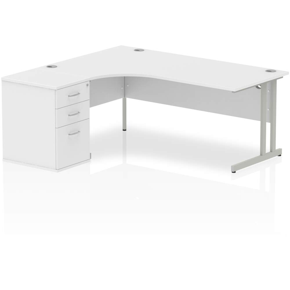 Impulse 1800mm Left Crescent Desk White Top Silver Cantilever Leg Workstation 600 Deep Desk High Pedestal Bundle