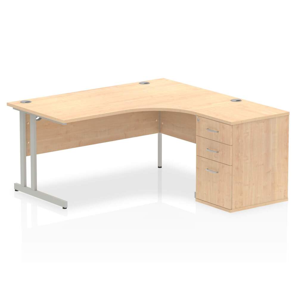 Impulse 1600mm Right Crescent Desk Maple Top Silver Cantilever Leg Workstation 600 Deep Desk High Pedestal Bundle