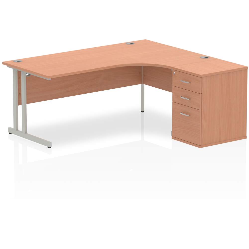 Impulse 1800mm Right Crescent Desk Beech Top Silver Cantilever Leg Workstation 600 Deep Desk High Pedestal Bundle