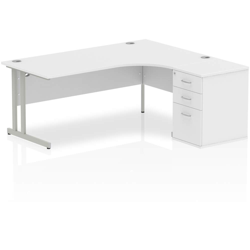 Impulse 1800mm Right Crescent Desk White Top Silver Cantilever Leg Workstation 600 Deep Desk High Pedestal Bundle