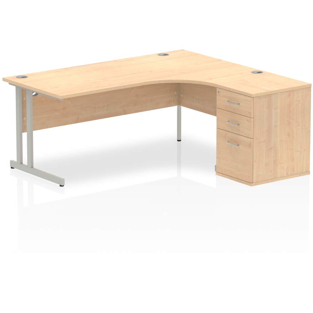 Impulse 1800mm Right Crescent Desk Maple Top Silver Cantilever Leg Workstation 600 Deep Desk High Pedestal Bundle