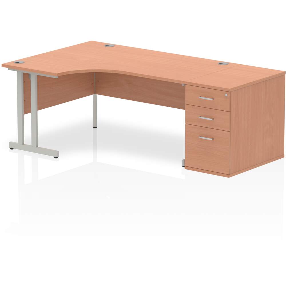 Impulse 1600mm Left Crescent Desk Beech Top Silver Cantilever Leg Workstation 800 Deep Desk High Pedestal Bundle