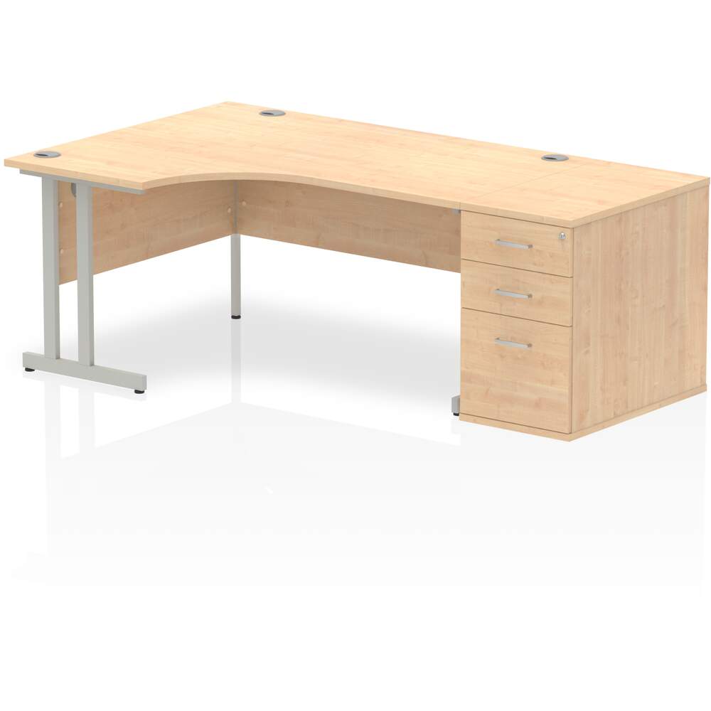 Impulse 1600mm Left Crescent Desk Maple Top Silver Cantilever Leg Workstation 800 Deep Desk High Pedestal Bundle