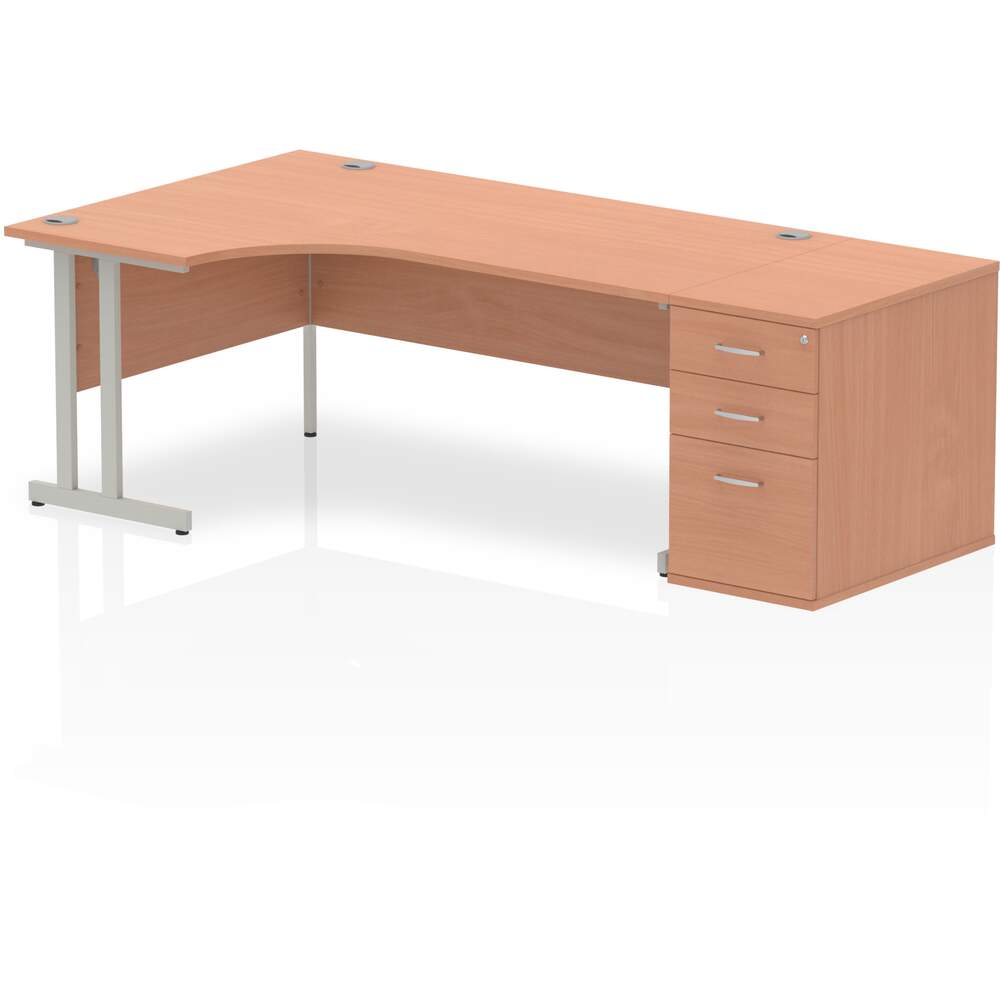 Impulse 1800mm Left Crescent Desk Beech Top Silver Cantilever Leg Workstation 800 Deep Desk High Pedestal Bundle