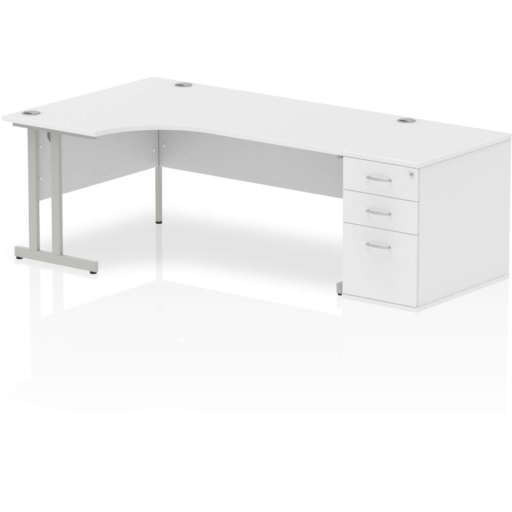 Impulse 1800mm Left Crescent Desk White Top Silver Cantilever Leg Workstation 800 Deep Desk High Pedestal Bundle