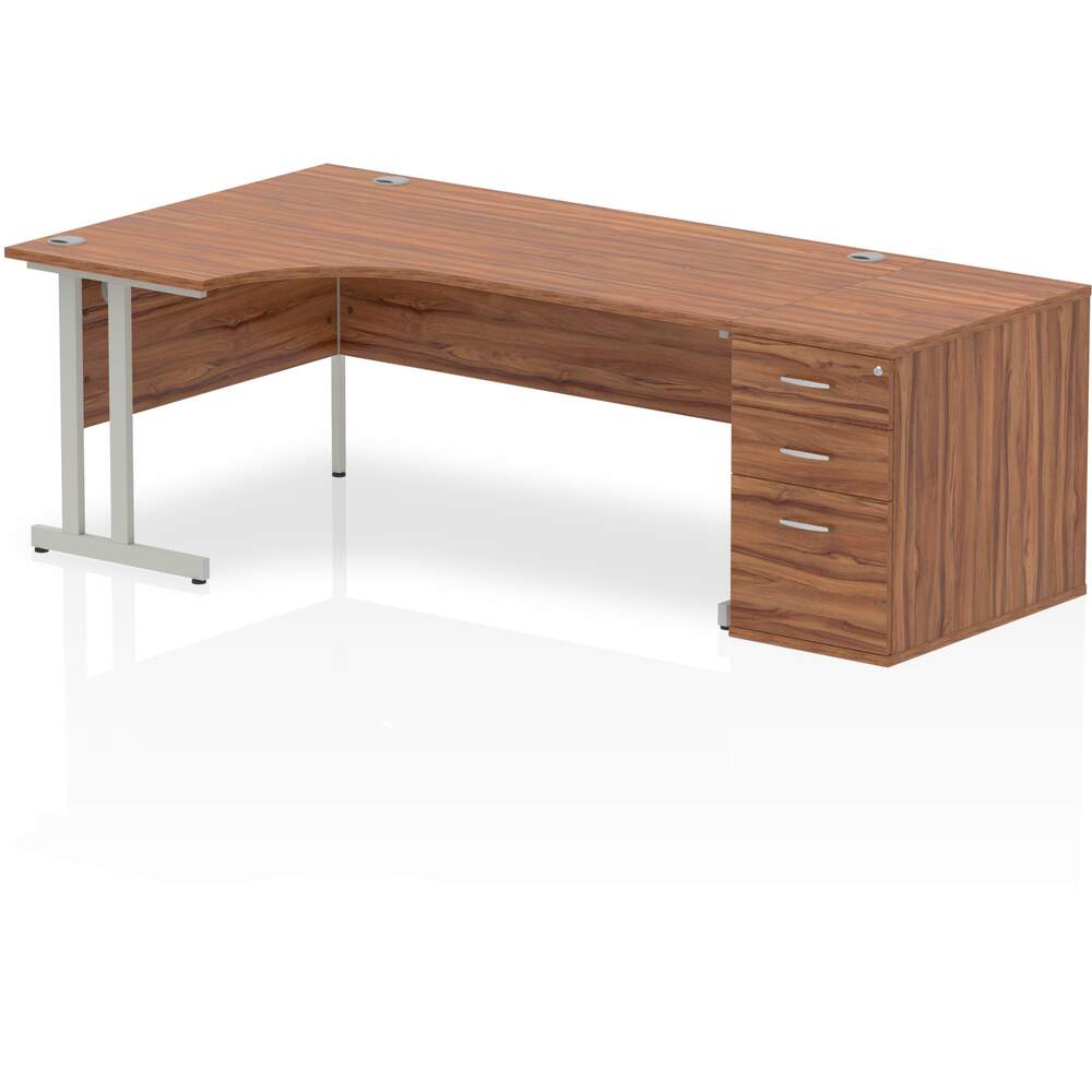 Impulse 1800mm Left Crescent Desk Walnut Top Silver Cantilever Leg Workstation 800 Deep Desk High Pedestal Bundle