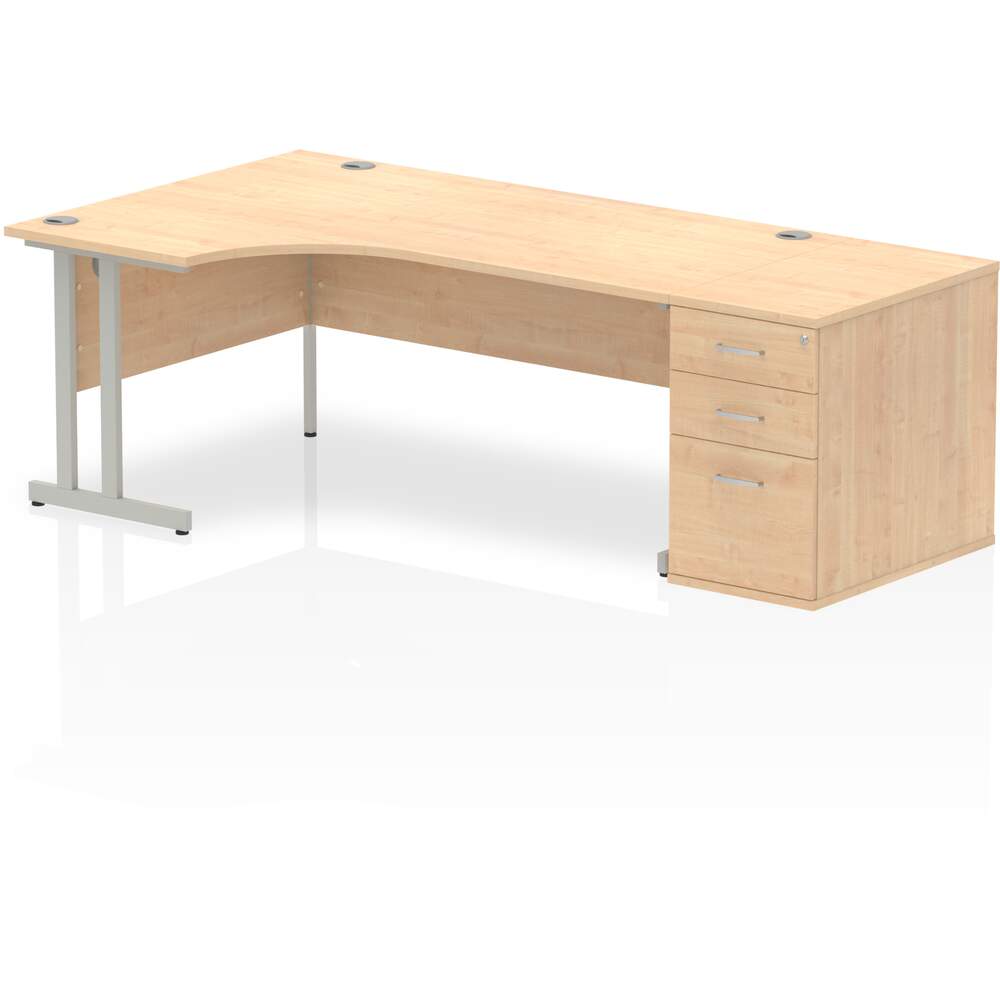 Impulse 1800mm Left Crescent Desk Maple Top Silver Cantilever Leg Workstation 800 Deep Desk High Pedestal Bundle