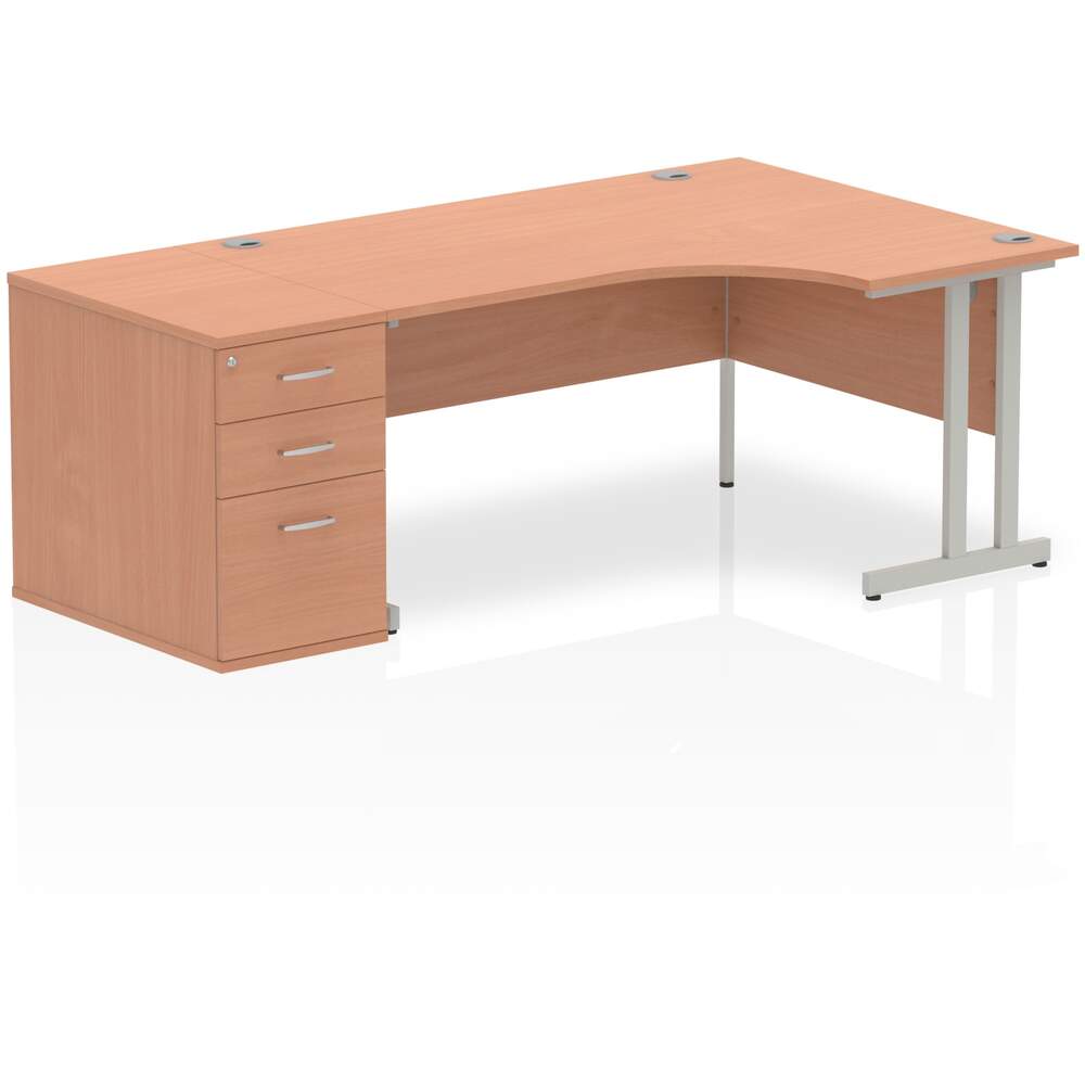 Impulse 1600mm Right Crescent Desk Beech Top Silver Cantilever Leg Workstation 800 Deep Desk High Pedestal Bundle