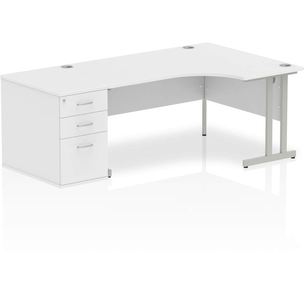 Impulse 1600mm Right Crescent Desk White Top Silver Cantilever Leg Workstation 800 Deep Desk High Pedestal Bundle