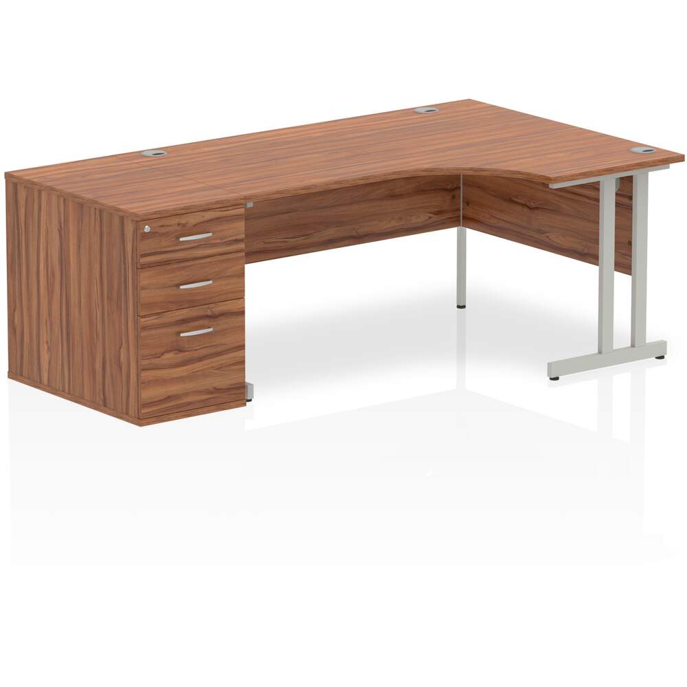 Impulse 1600mm Right Crescent Desk Walnut Top Silver Cantilever Leg Workstation 800 Deep Desk High Pedestal Bundle