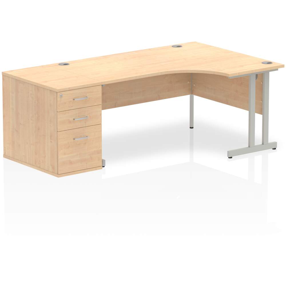 Impulse 1600mm Right Crescent Desk Maple Top Silver Cantilever Leg Workstation 800 Deep Desk High Pedestal Bundle