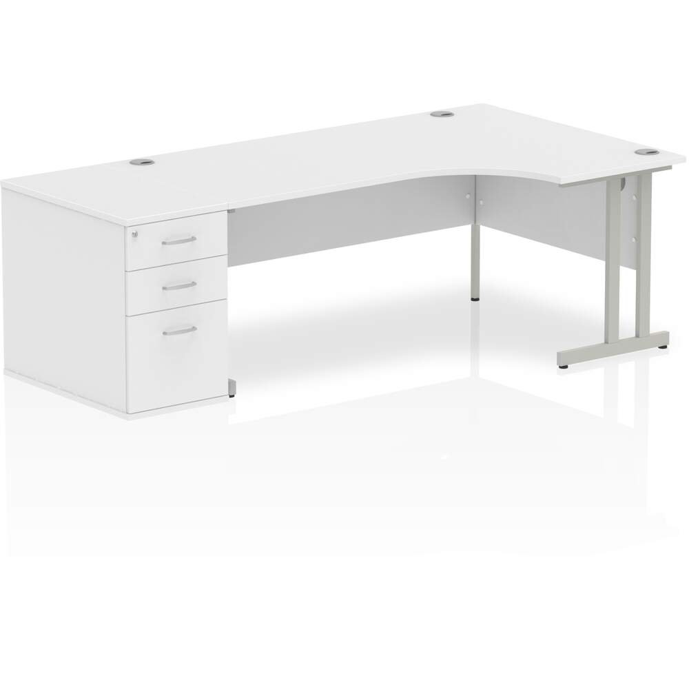 Impulse 1800mm Right Crescent Desk White Top Silver Cantilever Leg Workstation 800 Deep Desk High Pedestal Bundle