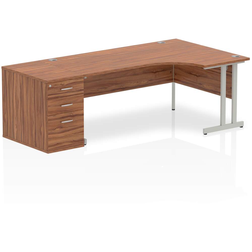 Impulse 1800mm Right Crescent Desk Walnut Top Silver Cantilever Leg Workstation 800 Deep Desk High Pedestal Bundle