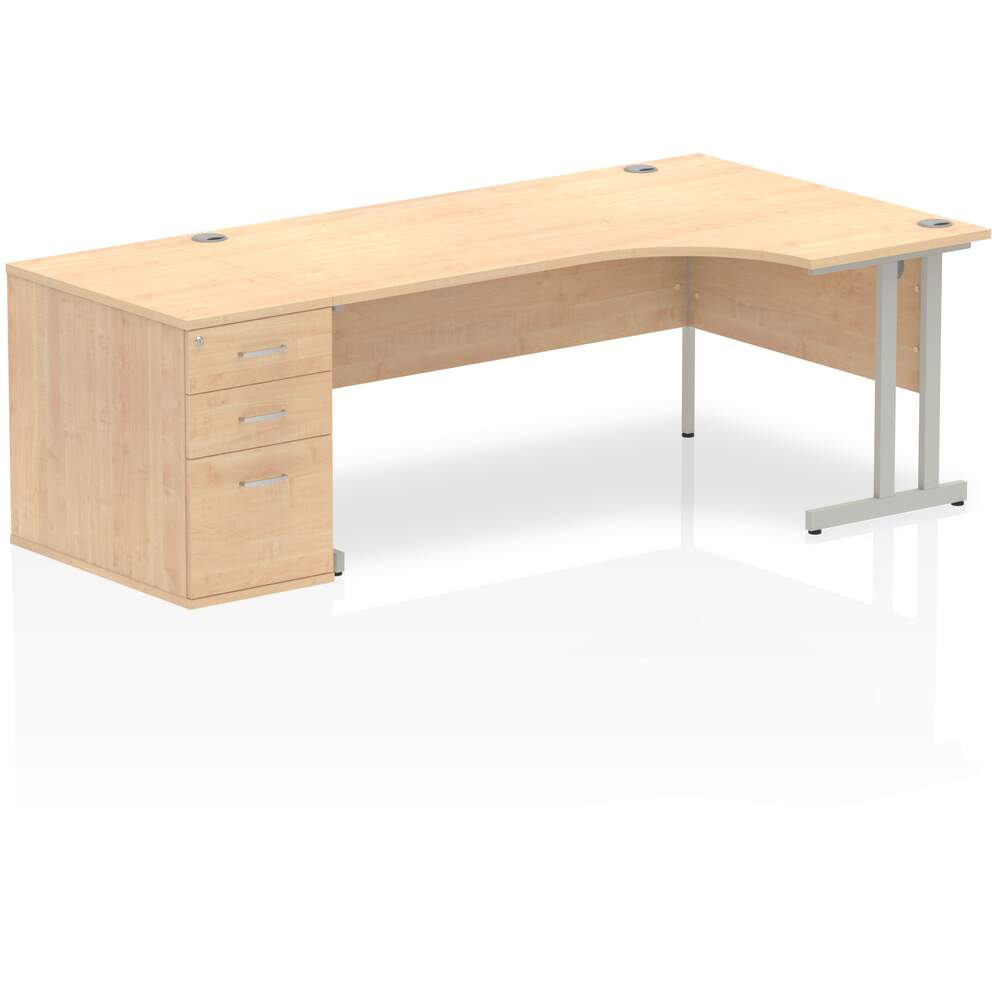 Impulse 1800mm Right Crescent Desk Maple Top Silver Cantilever Leg Workstation 800 Deep Desk High Pedestal Bundle