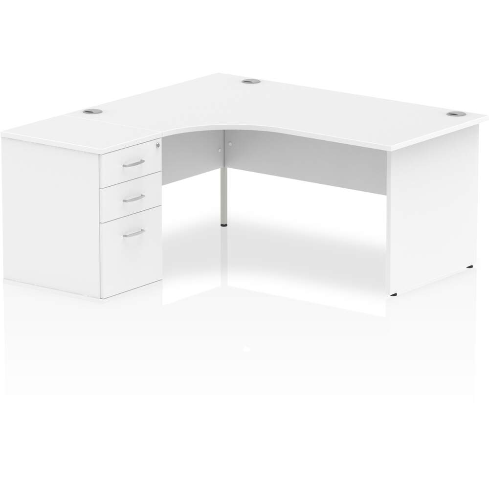 Impulse 1600mm Left Crescent Desk White Top Panel End Leg Workstation 600 Deep Desk High Pedestal Bundle