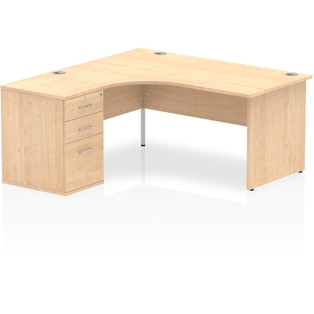 Impulse 1600mm Left Crescent Desk Maple Top Panel End Leg Workstation 600 Deep Desk High Pedestal Bundle