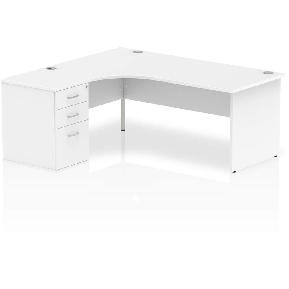 Impulse 1800mm Left Crescent Desk White Top Panel End Leg Workstation 600 Deep Desk High Pedestal Bundle