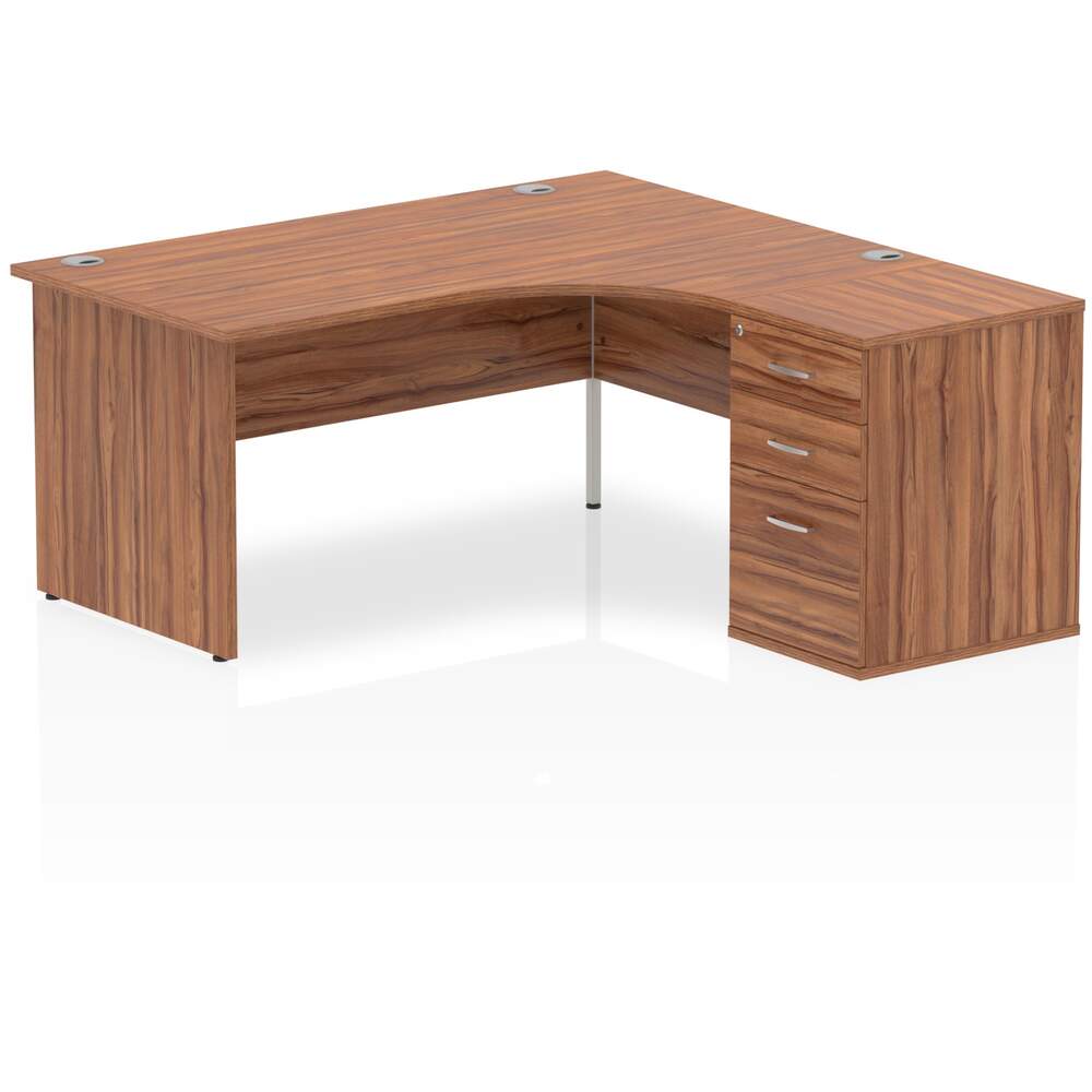 Impulse 1600mm Right Crescent Desk Walnut Top Panel End Leg Workstation 600 Deep Desk High Pedestal Bundle