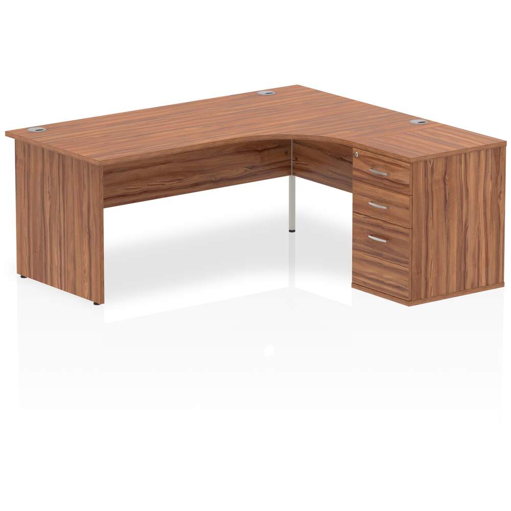 Impulse 1800mm Right Crescent Desk Walnut Top Panel End Leg Workstation 600 Deep Desk High Pedestal Bundle