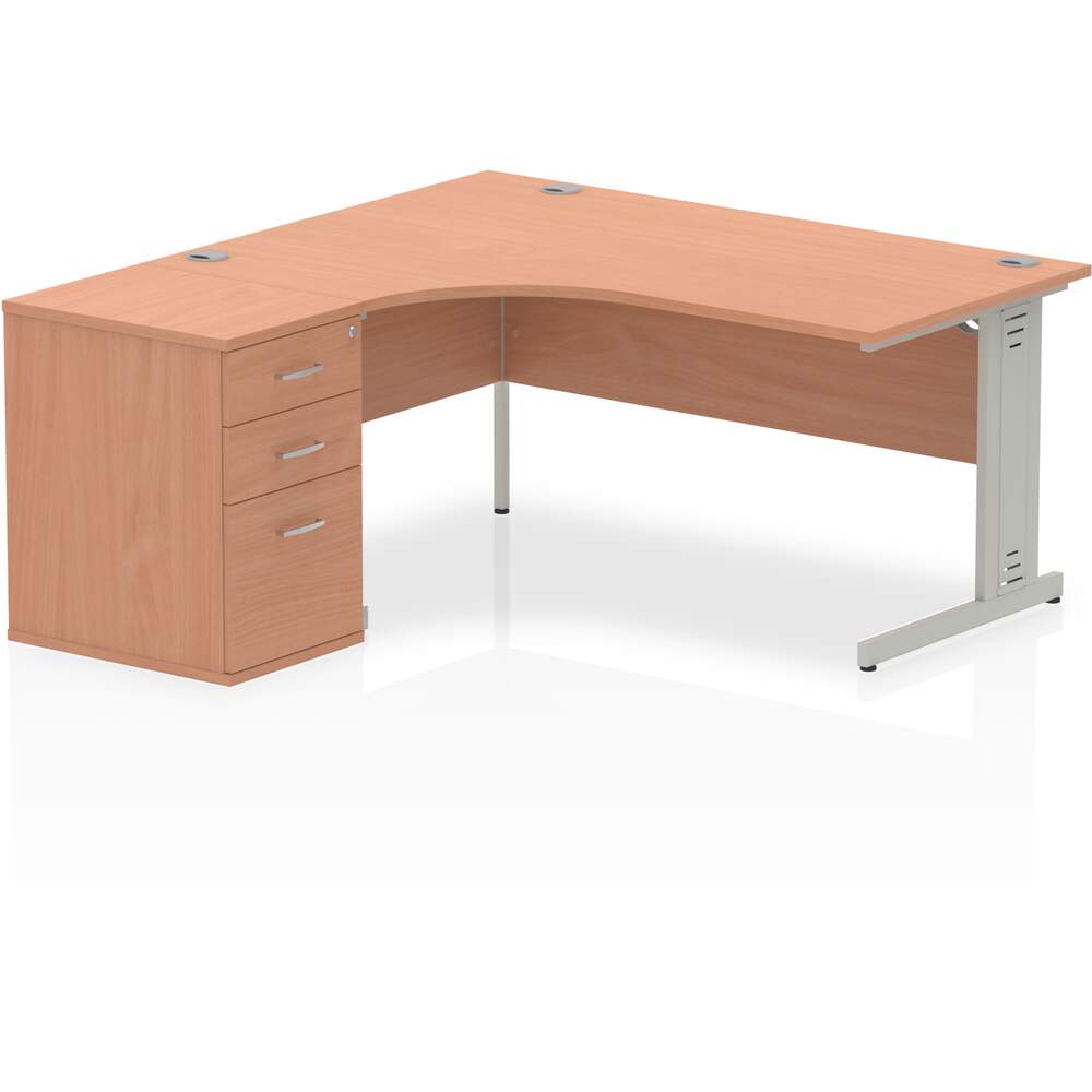 Impulse 1600mm Left Crescent Desk Beech Top Silver Cable Managed Leg Workstation 600 Deep Desk High Pedestal Bundle