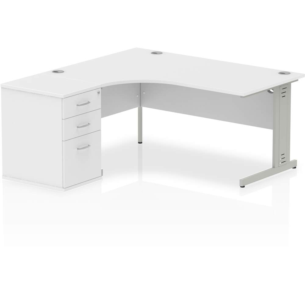 Impulse 1800mm Left Crescent Desk White Top White Cable Managed Leg Workstation 600 Deep Desk High Pedestal Bundle