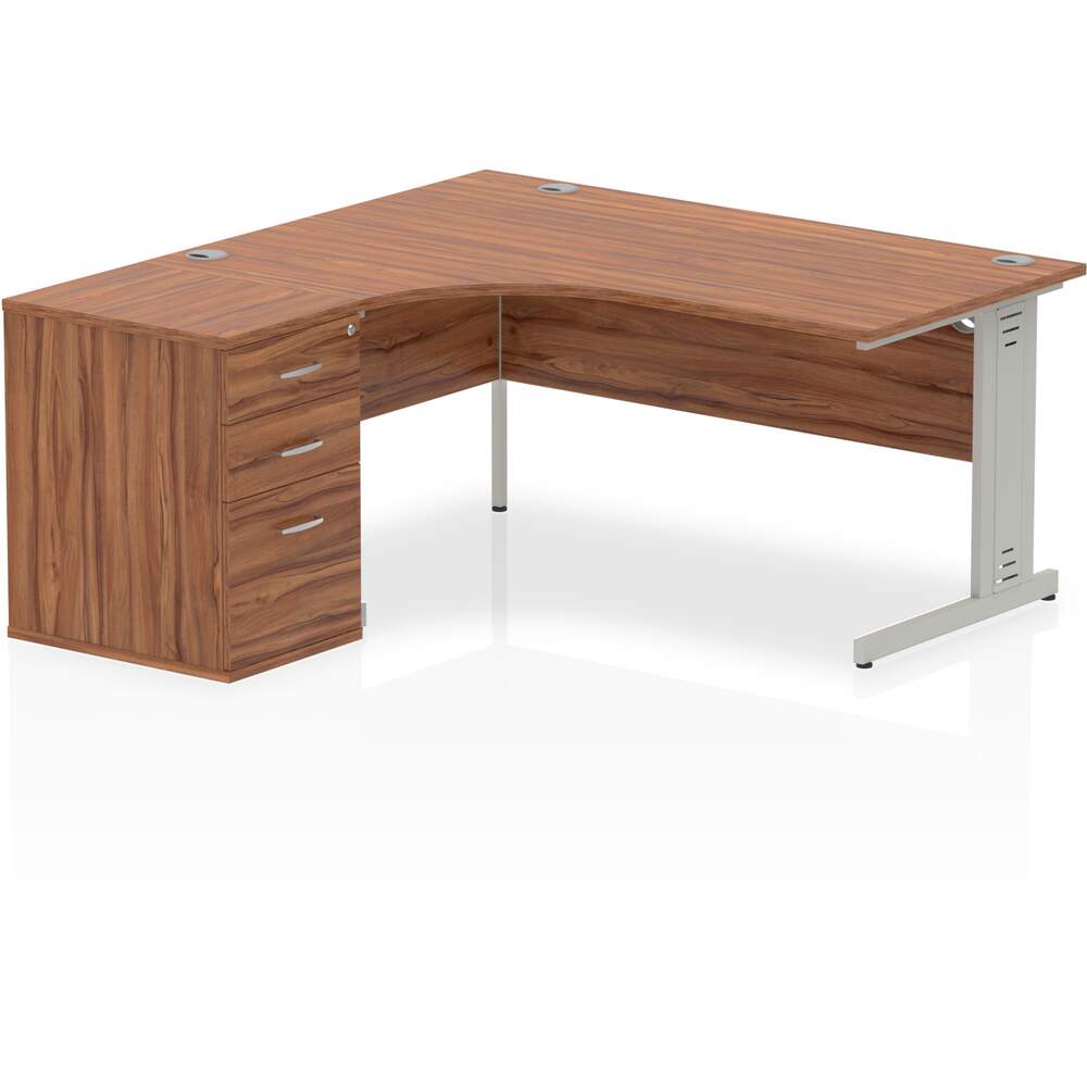 Impulse 1600mm Left Crescent Desk Walnut Top Silver Cable Managed Leg Workstation 600 Deep Desk High Pedestal Bundle