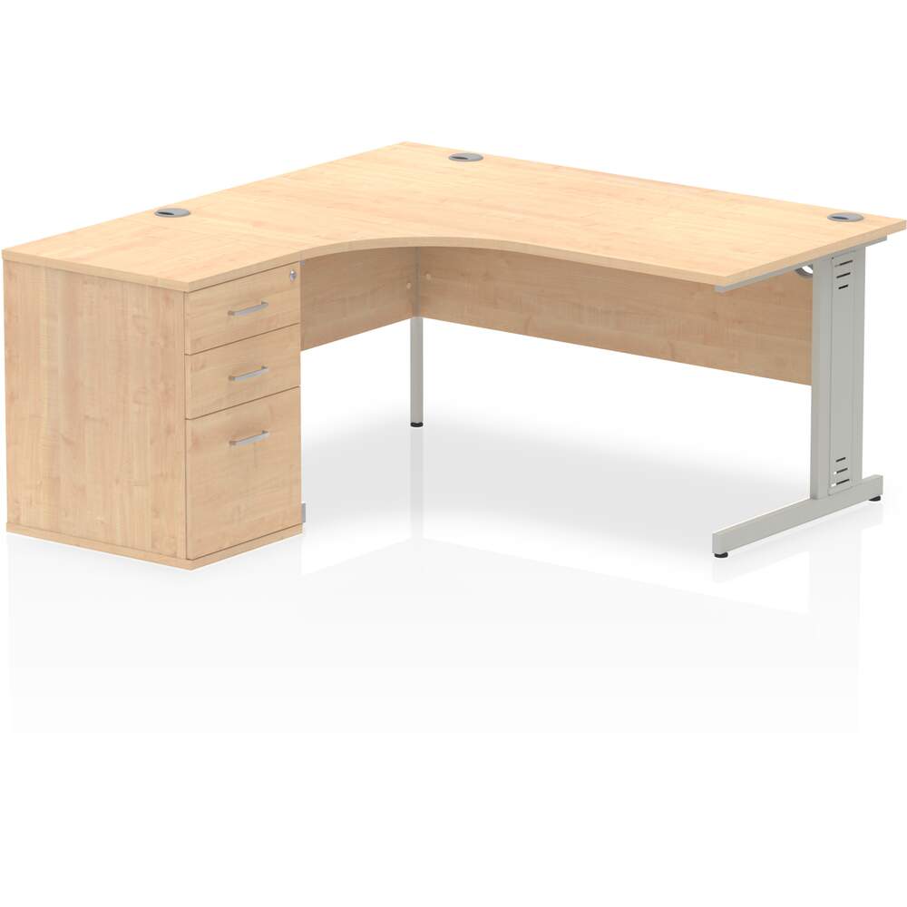 Impulse 1600mm Left Crescent Desk Maple Top Silver Cable Managed Leg Workstation 600 Deep Desk High Pedestal Bundle