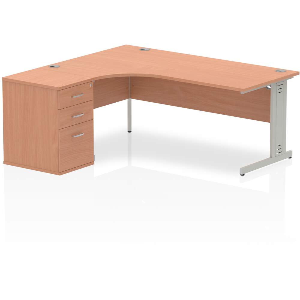 Impulse 1800mm Left Crescent Desk Beech Top Silver Cable Managed Leg Workstation 600 Deep Desk High Pedestal Bundle