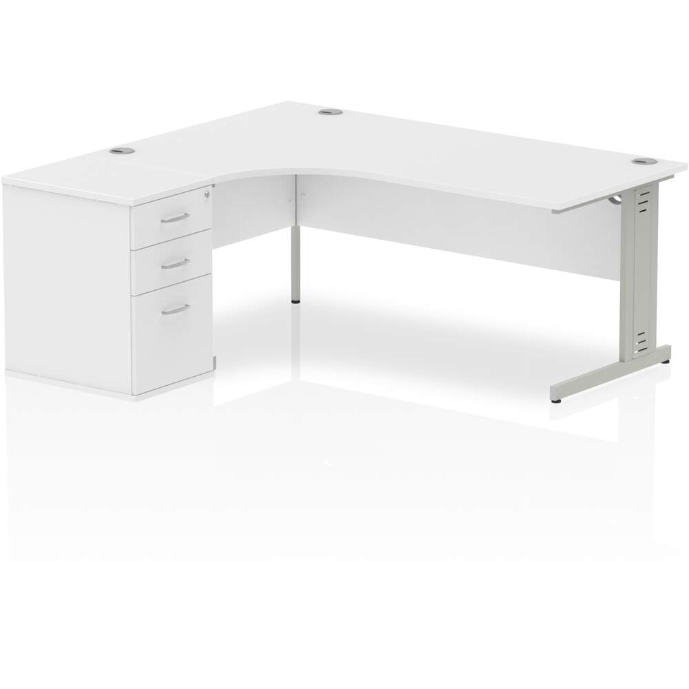 Impulse 1800mm Left Crescent Desk White Top Silver Cable Managed Leg Workstation 600 Deep Desk High Pedestal Bundle