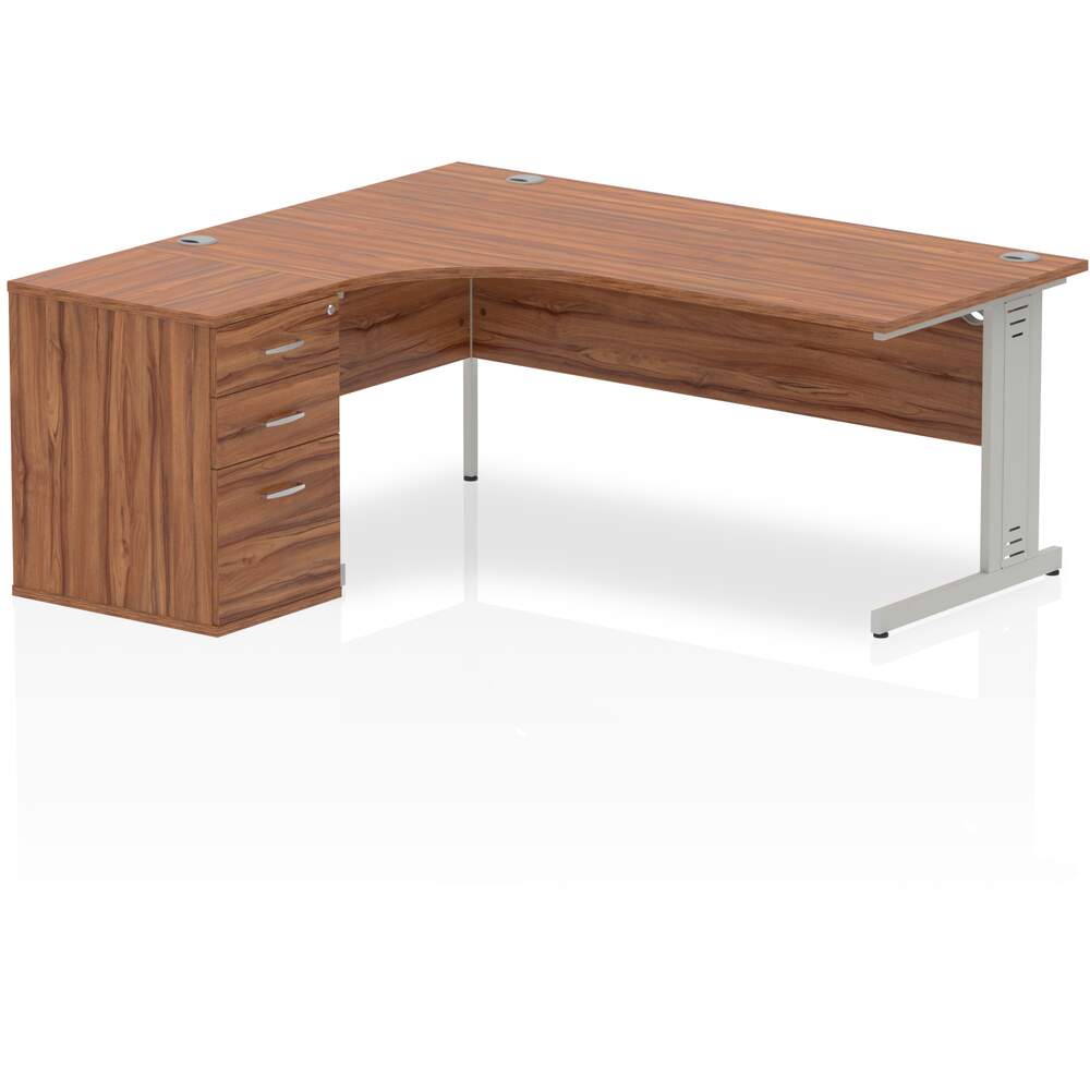 Impulse 1800mm Left Crescent Desk Walnut Top Silver Cable Managed Leg Workstation 600 Deep Desk High Pedestal Bundle