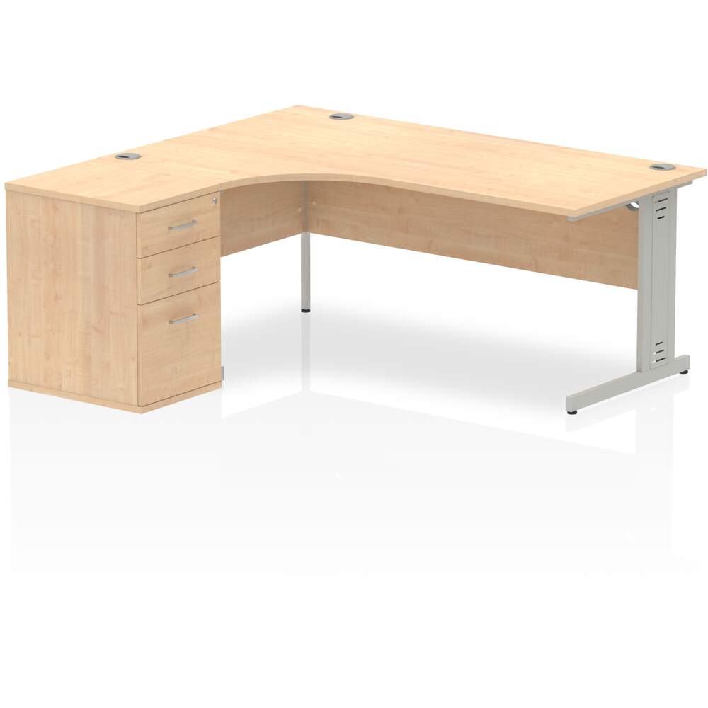 Impulse 1800mm Left Crescent Desk Maple Top Silver Cable Managed Leg Workstation 600 Deep Desk High Pedestal Bundle