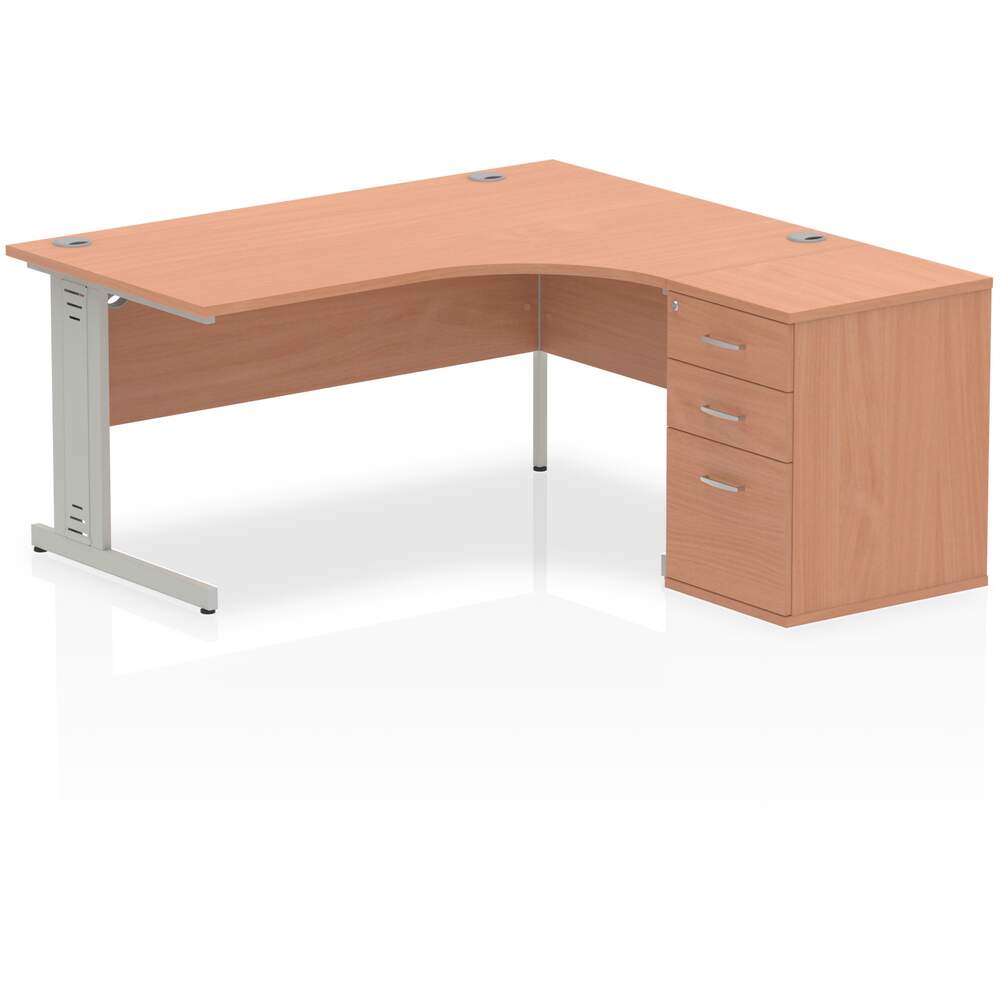 Impulse 1600mm Right Crescent Desk Beech Top Silver Cable Managed Leg Workstation 600 Deep Desk High Pedestal Bundle