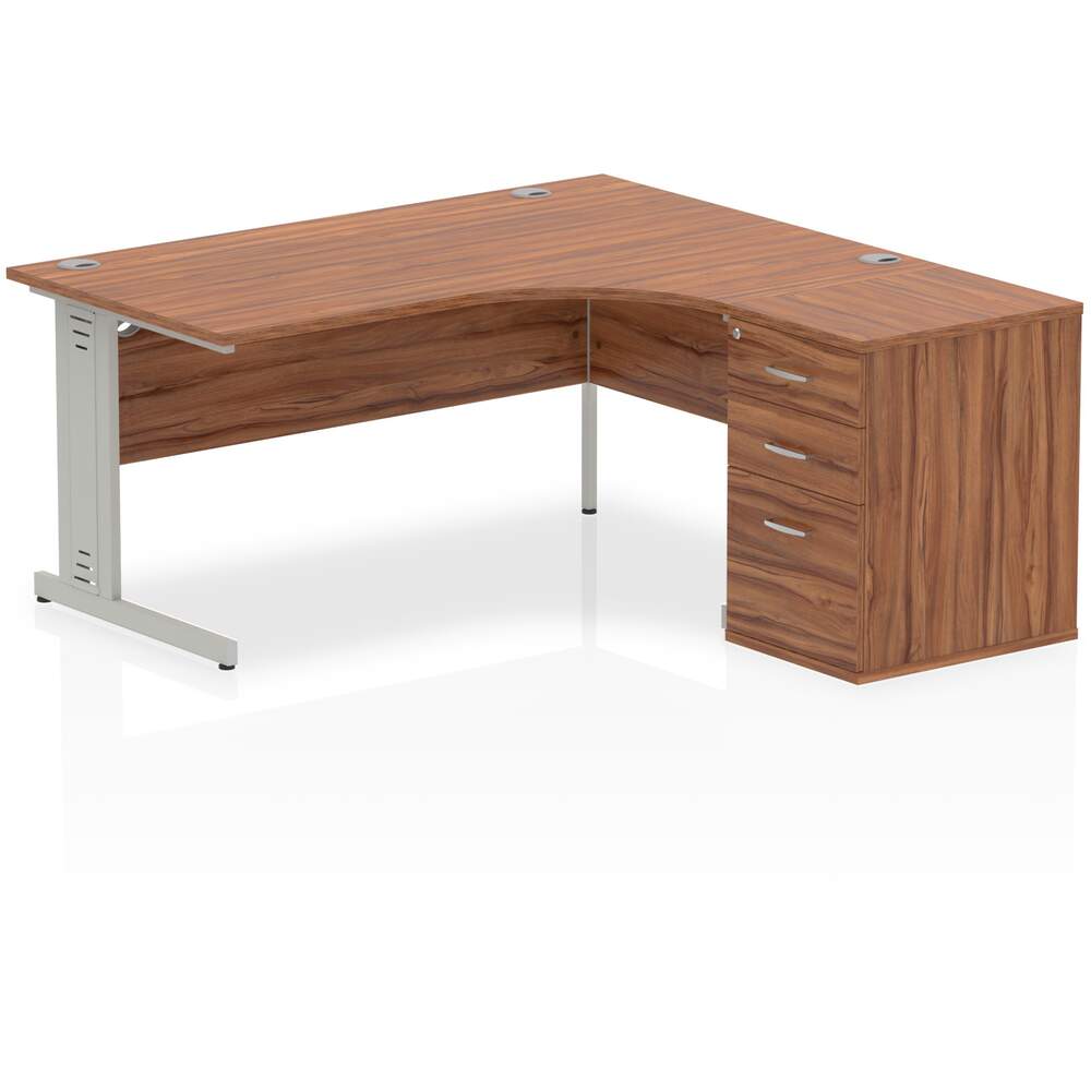 Impulse 1600mm Right Crescent Desk Walnut Top Silver Cable Managed Leg Workstation 600 Deep Desk High Pedestal Bundle