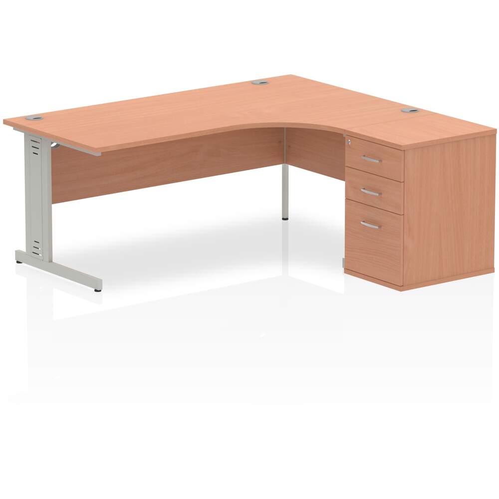 Impulse 1800mm Right Crescent Desk Beech Top Silver Cable Managed Leg Workstation 600 Deep Desk High Pedestal Bundle