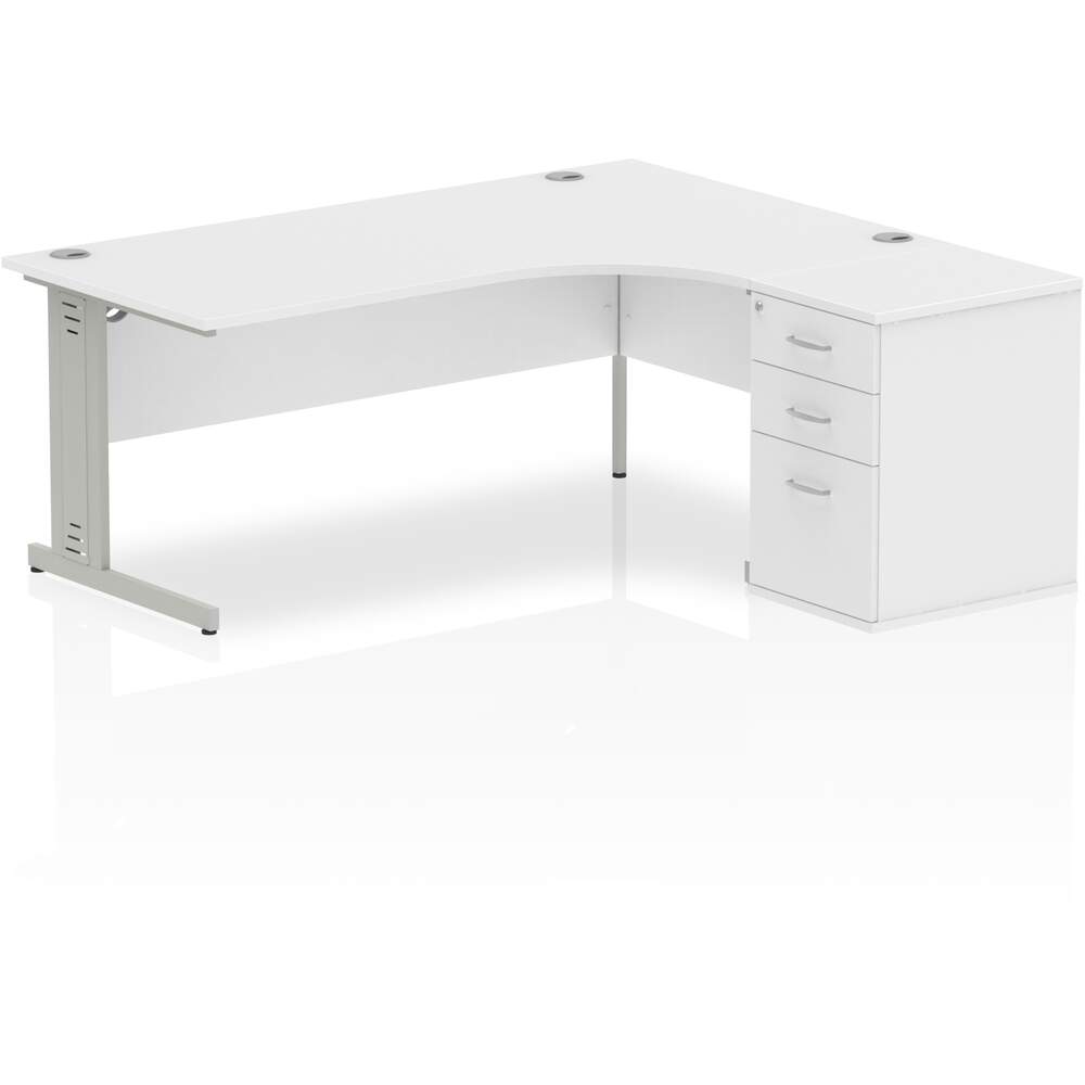 Impulse 1800mm Right Crescent Desk White Top Silver Cable Managed Leg Workstation 600 Deep Desk High Pedestal Bundle