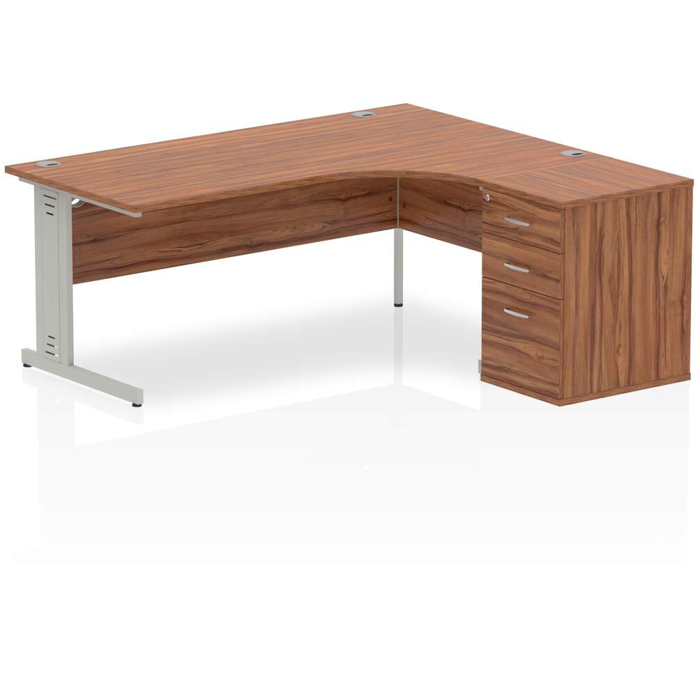 Impulse 1800mm Right Crescent Desk Walnut Top Silver Cable Managed Leg Workstation 600 Deep Desk High Pedestal Bundle