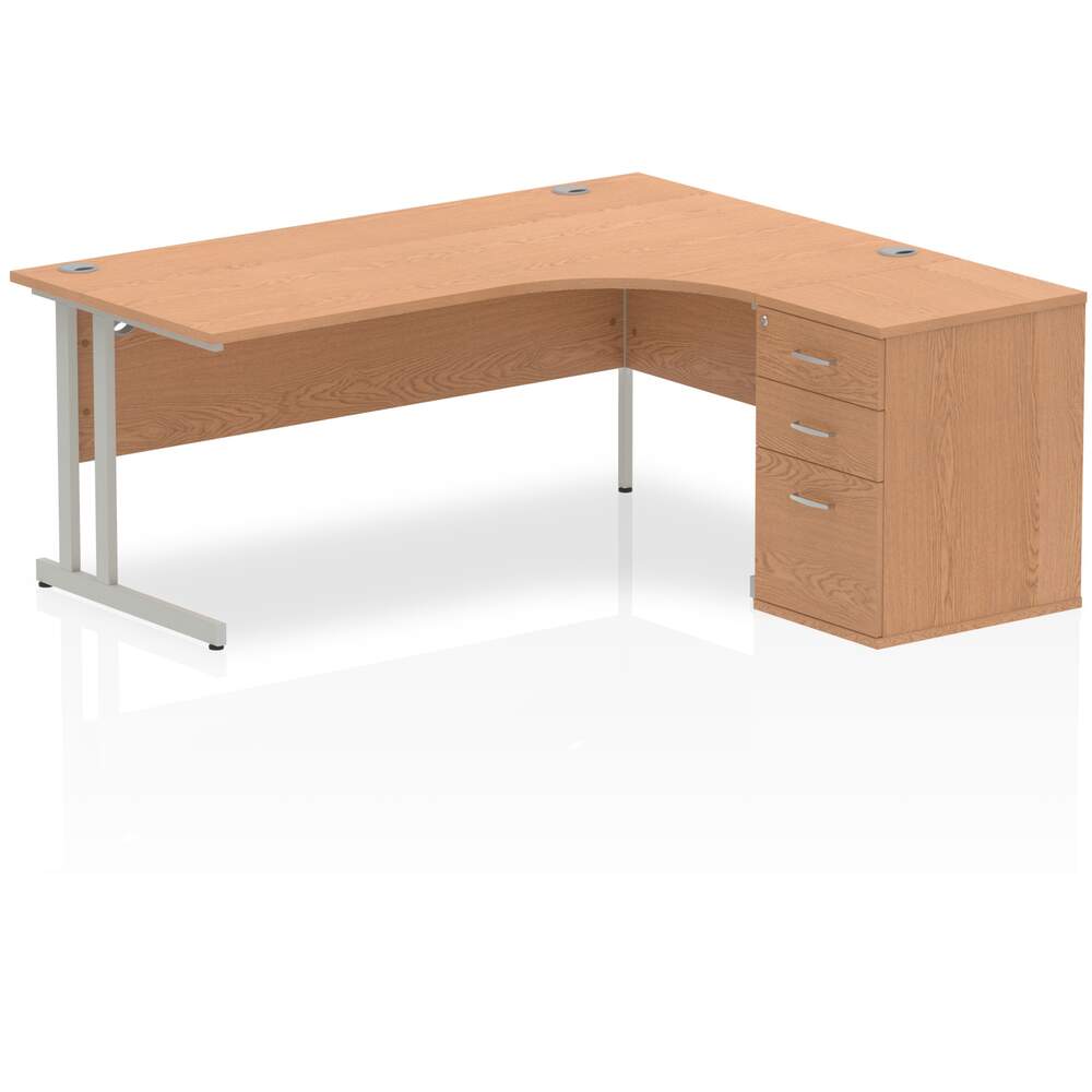 Impulse 1800mm Right Crescent Desk Oak Top Silver Cantilever Leg Workstation 600 Deep Desk High Pedestal Bundle