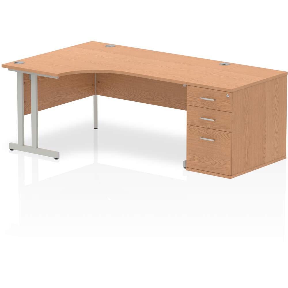 Impulse 1600mm Left Crescent Desk Oak Top Silver Cantilever Leg Workstation 800 Deep Desk High Pedestal Bundle