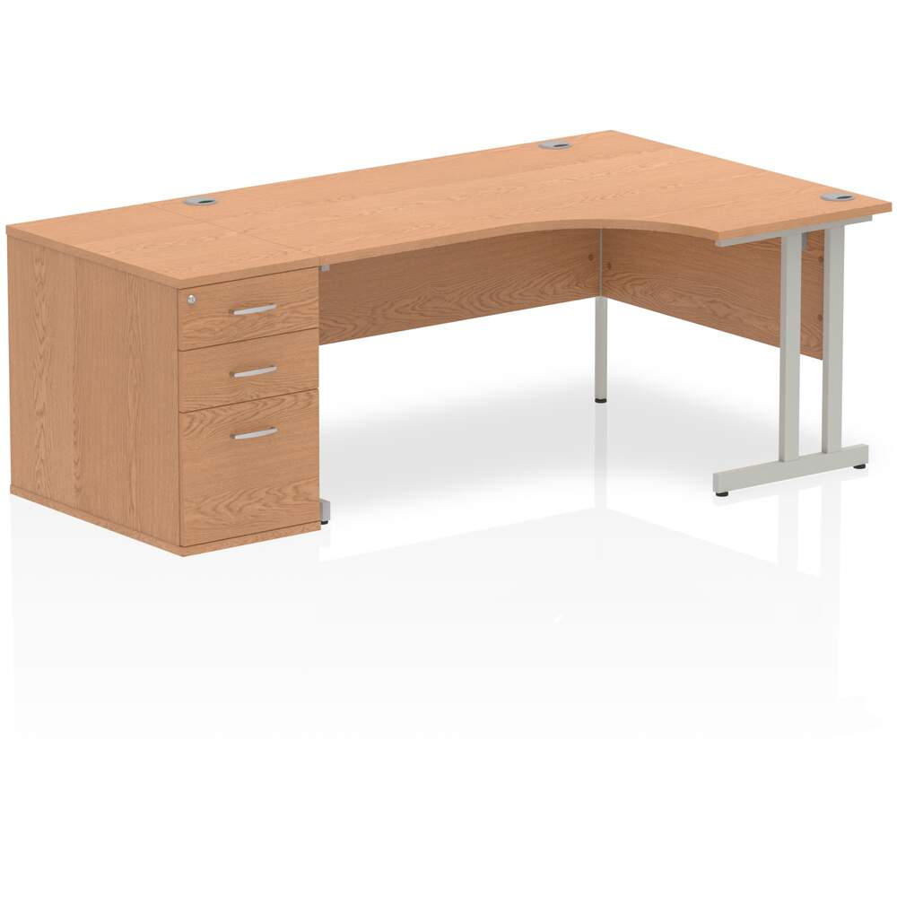 Impulse 1600mm Right Crescent Desk Oak Top Silver Cantilever Leg Workstation 800 Deep Desk High Pedestal Bundle