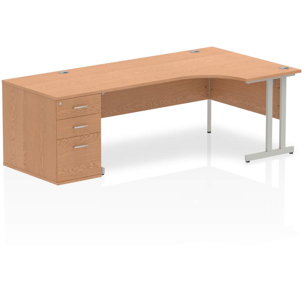 Impulse 1800mm Right Crescent Desk Oak Top Silver Cantilever Leg Workstation 800 Deep Desk High Pedestal Bundle