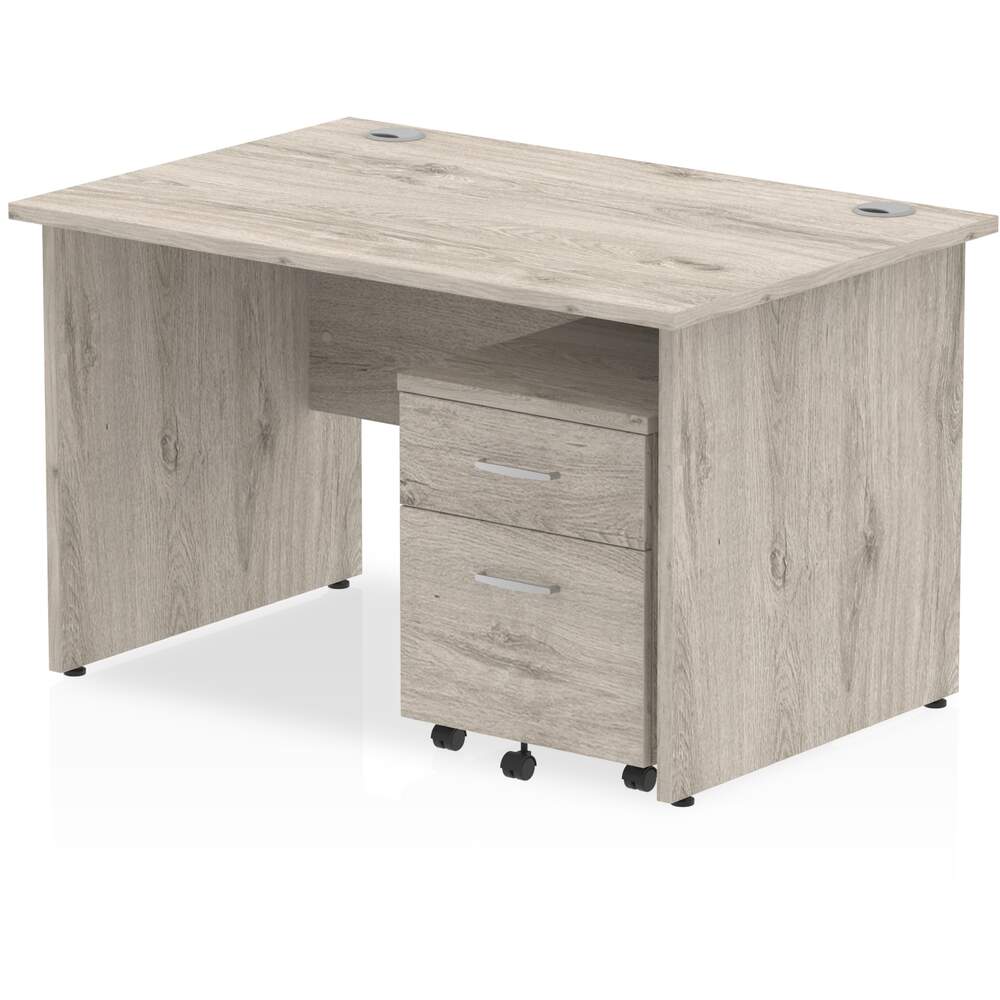 Impulse 1200 x 800mm Straight Desk Grey Oak Top Panel End Leg with 2 Drawer Mobile Pedestal Bundle