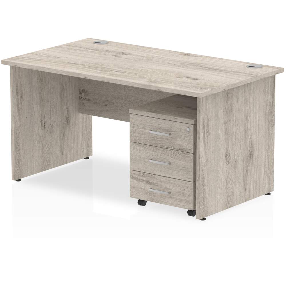 Impulse 1400 x 800mm Straight Desk Grey Oak Top Panel End Leg with 3 Drawer Mobile Pedestal Bundle