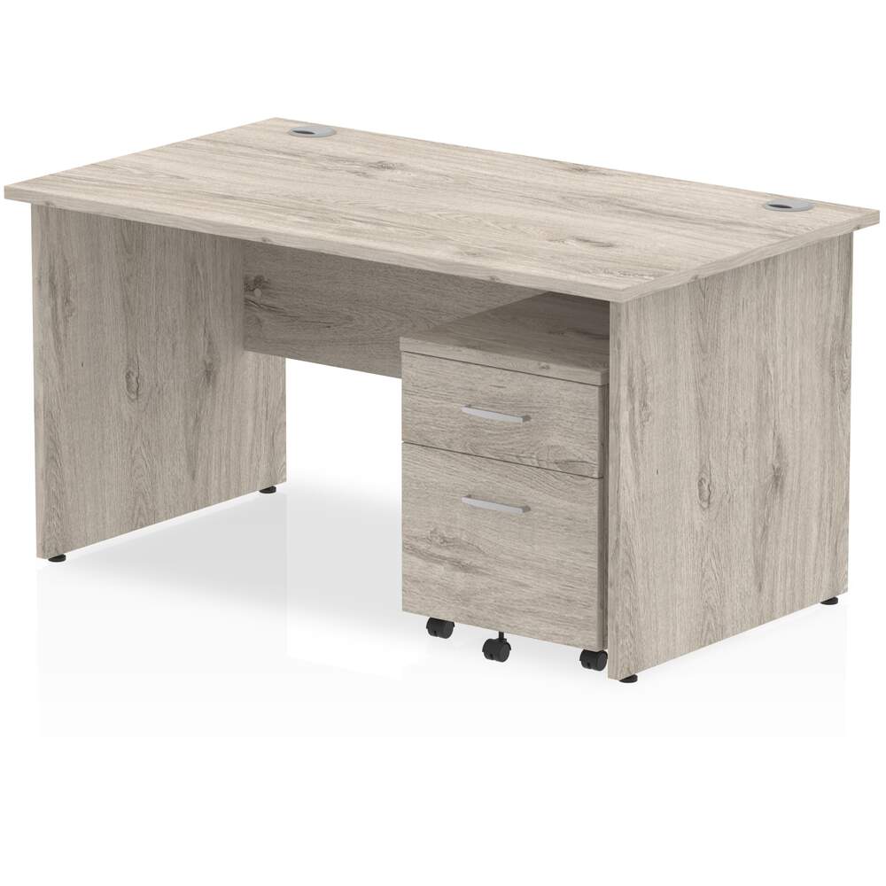 Impulse 1400 x 800mm Straight Desk Grey Oak Top Panel End Leg with 2 Drawer Mobile Pedestal Bundle